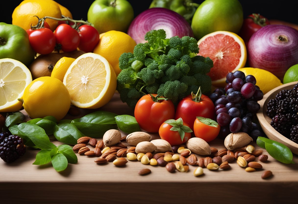 Uma variedade colorida de frutas e vegetais frescos dispostos em uma mesa, com uma tigela de nozes e sementes, e um copo de água com fatias de limão.