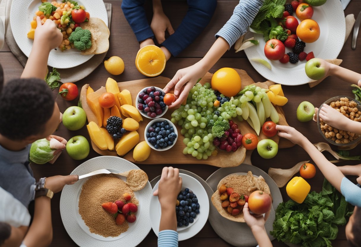 Uma família sentada em torno de uma mesa cheia de frutas coloridas, legumes e grãos integrais, desfrutando de uma refeição juntos. Um dos pais está servindo uma variedade de alimentos saudáveis enquanto as crianças ansiosamente alcançam seus favoritos.