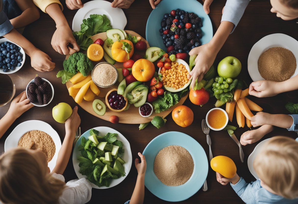 Uma família sentada em torno de uma mesa, cheia de frutas coloridas, vegetais e grãos integrais. Os pais estão servindo refeições saudáveis enquanto as crianças, ansiosas, alcançam a comida nutritiva.