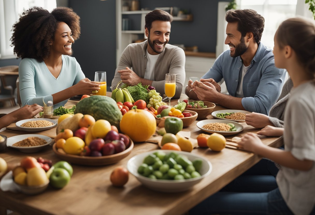 Uma família sentada ao redor de uma mesa de jantar, cheia de frutas, verduras e grãos integrais coloridos e nutritivos. A mesa é cercada por rostos felizes e conversas, criando uma atmosfera acolhedora e convidativa.