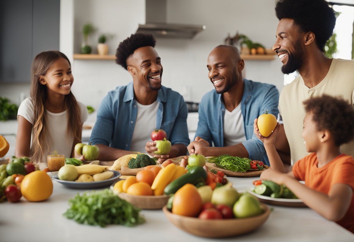 Uma mesa de cozinha colorida com frutas frescas, vegetais e grãos integrais. Uma família de quatro pessoas está sentada ao redor da mesa, rindo e desfrutando de uma refeição saudável juntos.