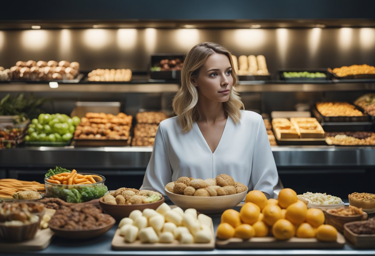 Uma pessoa em pé diante de uma mesa cheia de uma variedade de opções de alimentos saudáveis e não saudáveis, contemplando suas escolhas com uma expressão pensativa.