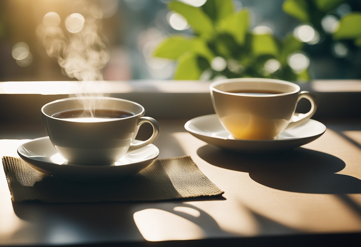 Uma cena matinal serena com uma xícara fumegante de chá de ervas, uma tigela de frutas frescas e um tapete de yoga em um quarto iluminado pelo sol