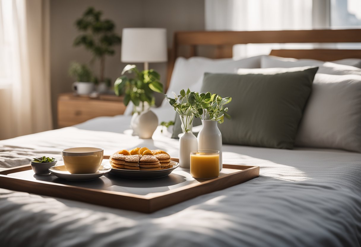 Um quarto sereno com a suave luz da manhã entrando pela janela, uma cama arrumada, um café da manhã saudável em uma mesa e um tapete de yoga pronto para uso.