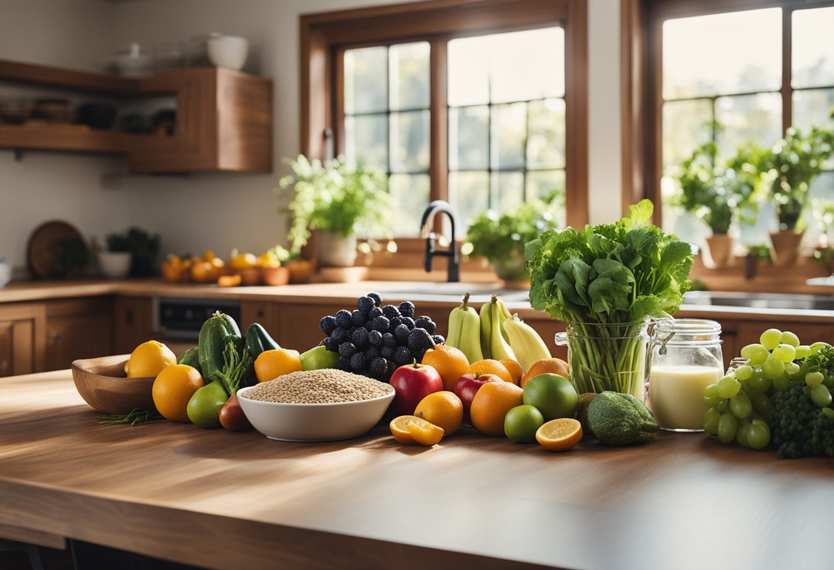 Uma cena de cozinha clara e convidativa com uma variedade de frutas frescas, vegetais e grãos integrais dispostos em uma mesa de madeira, cercada por luz natural que entra pelas janelas.