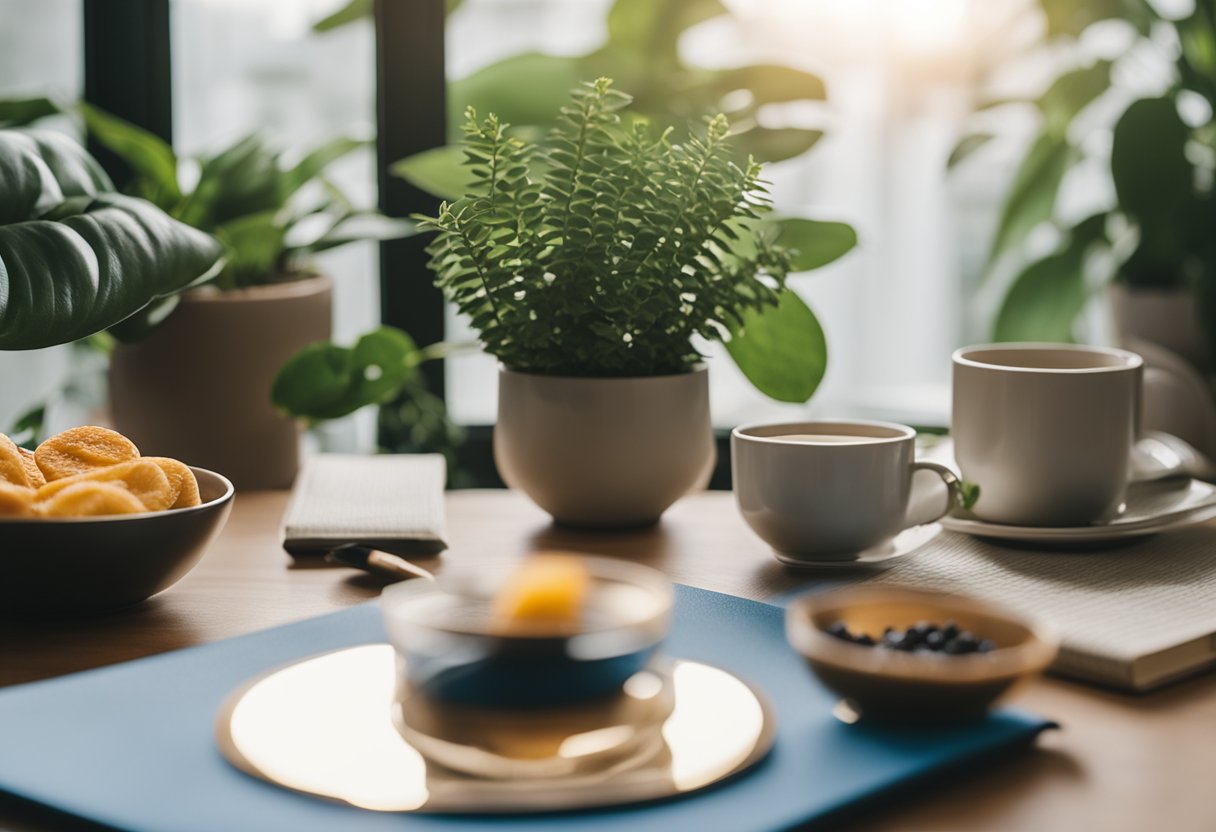 Uma cena matinal serena com um tapete de yoga, café da manhã saudável e um diário para exercícios mentais, cercada por plantas e luz natural