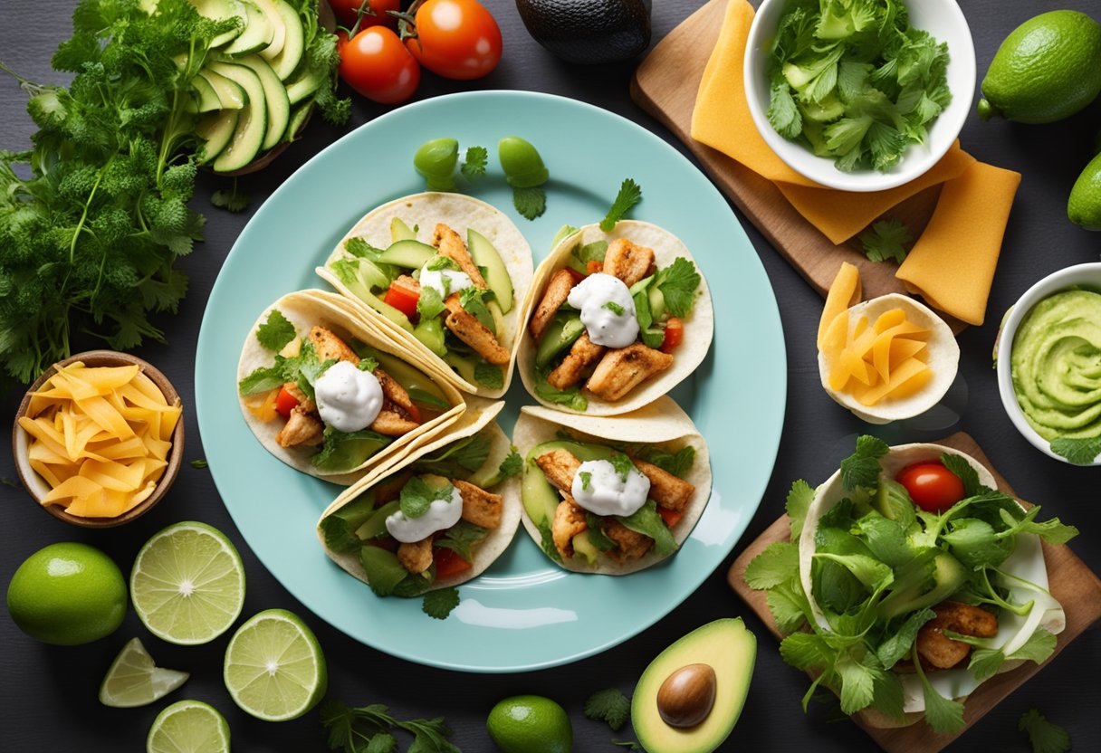 Uma mesa colorida com um prato de tacos de frango e abacate, cercado por legumes e ervas frescas