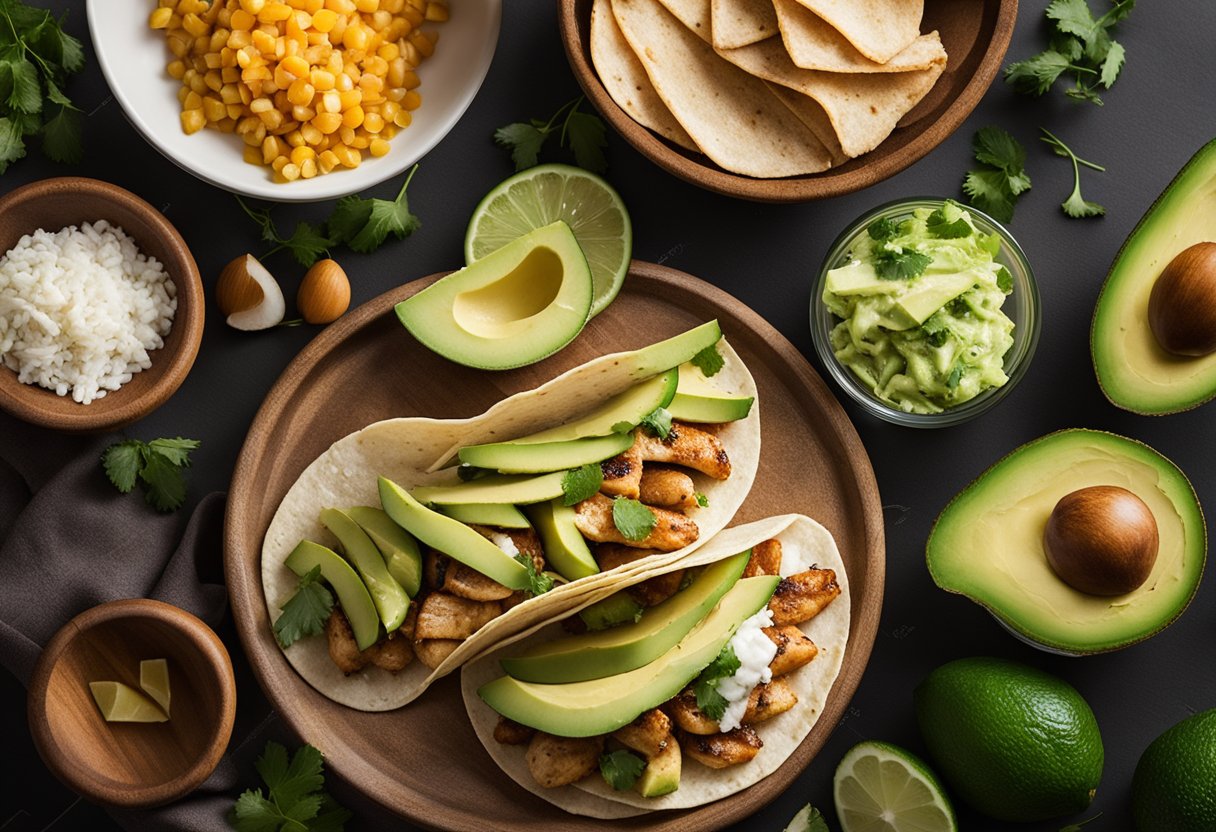 Uma bancada de cozinha com ingredientes para tacos saudáveis de frango com abacate, incluindo abacate fatiado, frango grelhado e tortilhas.