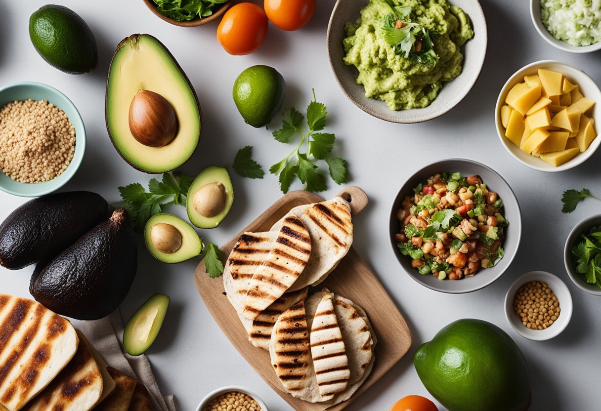 Uma variedade colorida de ingredientes frescos, incluindo frango grelhado, abacates maduros e tortilhas de trigo integral, dispostos em uma bancada de cozinha limpa.