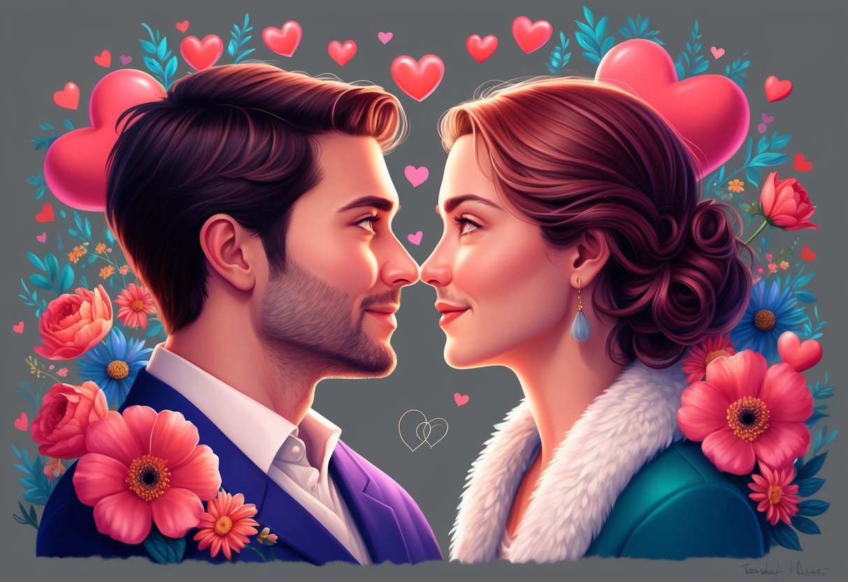 A couple surrounded by flowers and hearts, gazing into each other's eyes