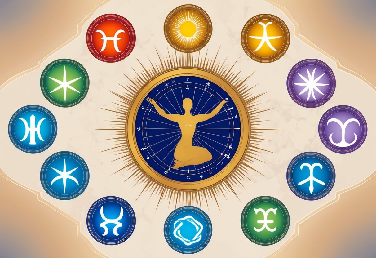 A Libra surrounded by twelve zodiac symbols, each radiating a different energy