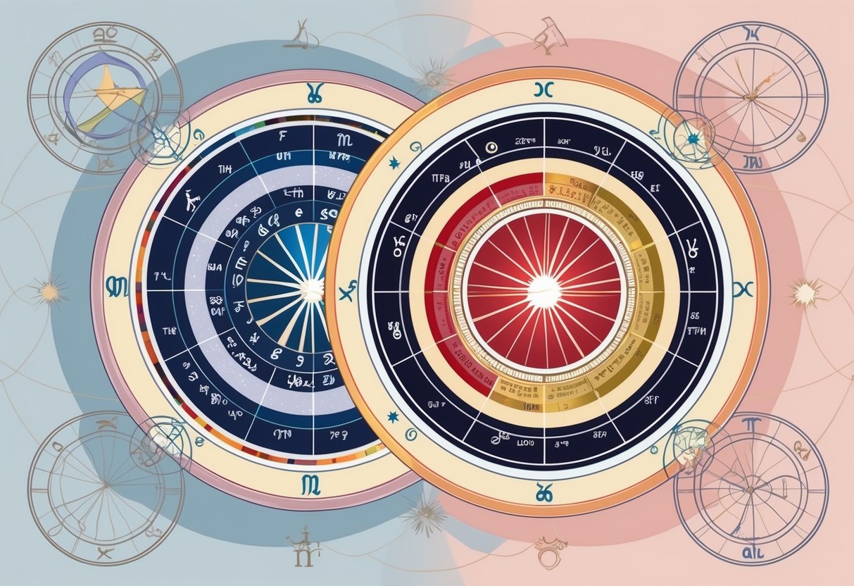 Two birth charts overlapping with zodiac symbols and planetary alignments