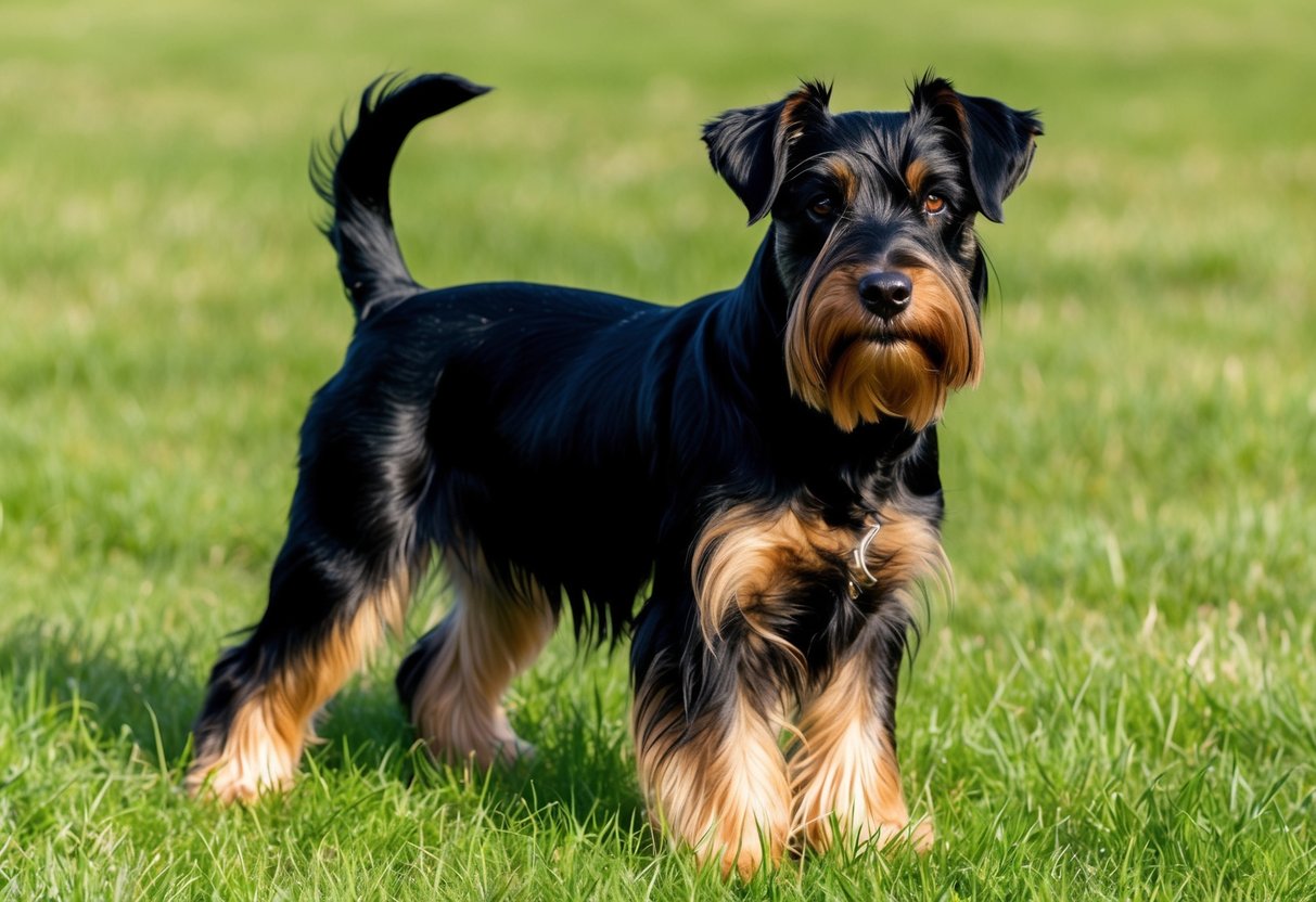 A Black Russian Terrier dog standing proudly in a grassy field, with its thick, black coat glistening in the sunlight