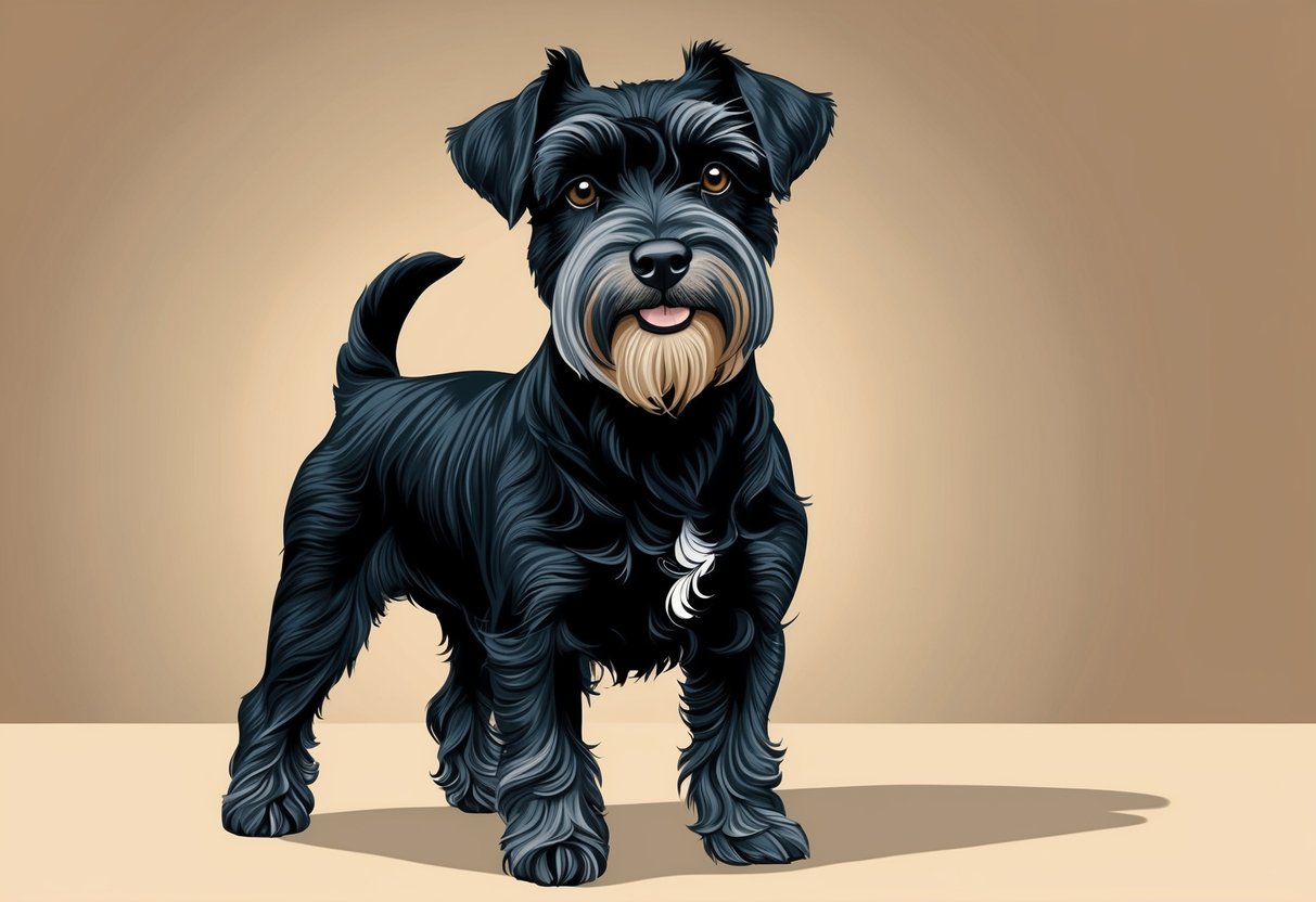 A Black Russian Terrier stands proudly with a thick, curly black coat, strong build, and a large head with a confident expression