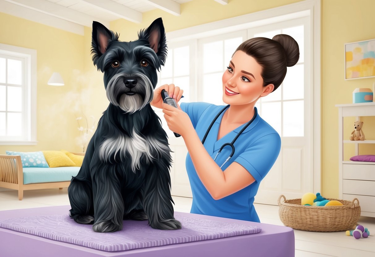 A Black Russian Terrier dog receiving gentle care and grooming from a loving owner in a bright, airy room with a cozy bed and toys nearby