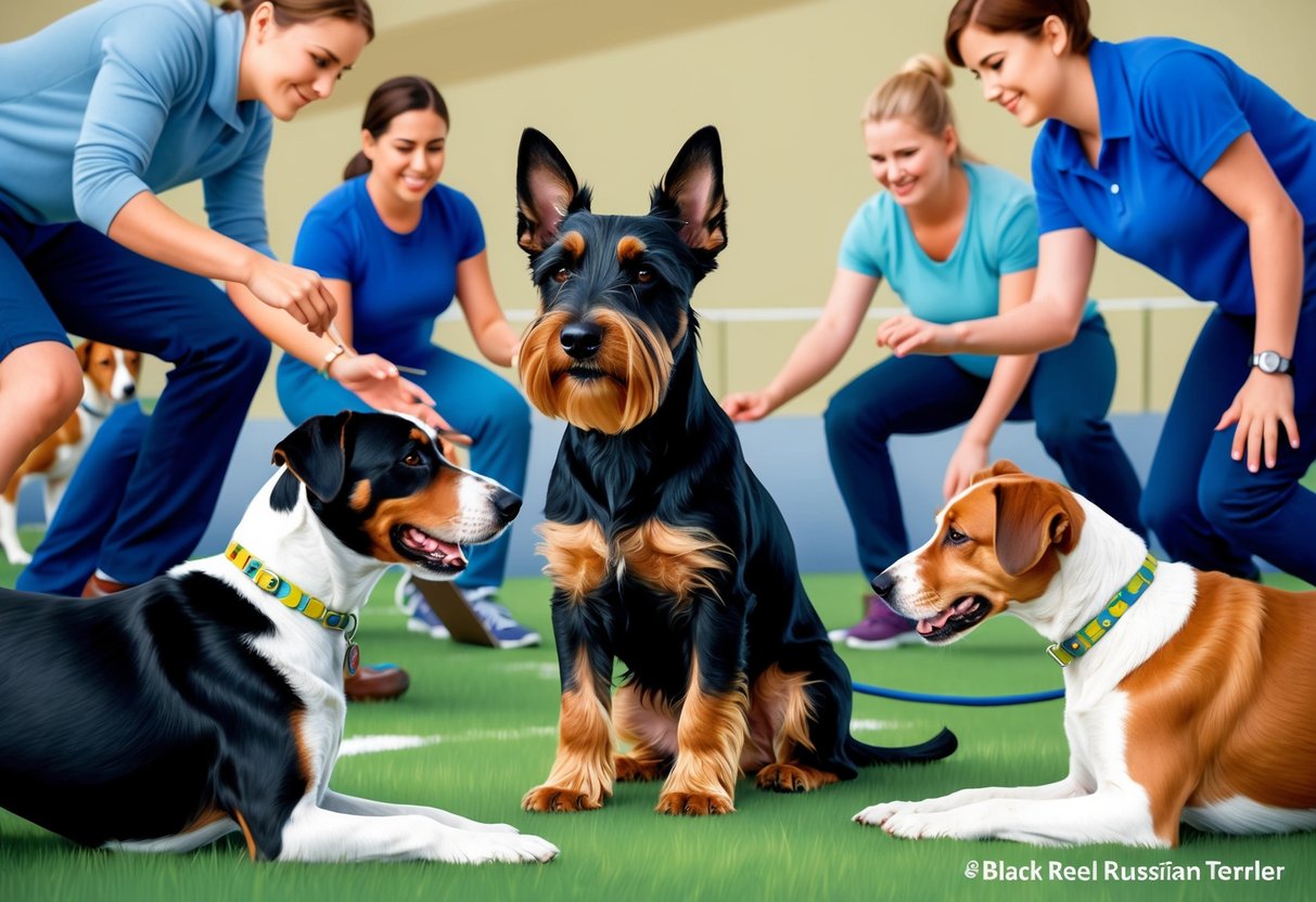 A Black Russian Terrier dog sits among a group of people, engaged in training exercises. Other dogs are present, and the scene is filled with positive energy and socialization opportunities