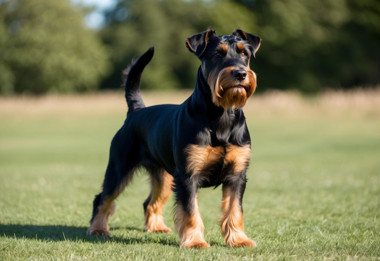 A Black Russian Terrier dog stands alert, its thick coat glistening in the sunlight. Its sturdy build exudes strength and confidence, showcasing its utility as a working breed