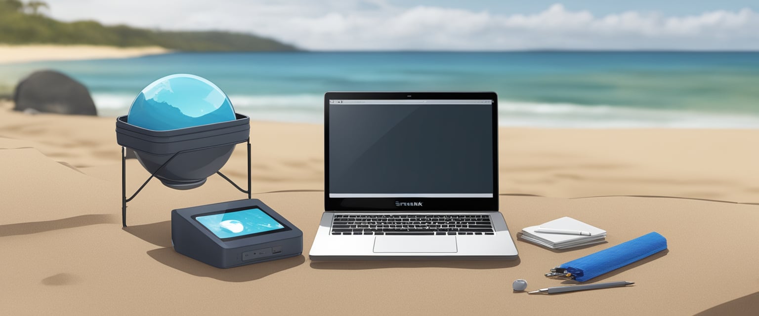 A compact Starlink Mini dish set up on a beach in Australia, with a laptop and work materials nearby