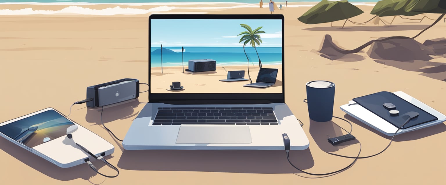 A compact Starlink Mini dish set up on a beach in Australia, with a laptop and mobile devices nearby for remote work and communication