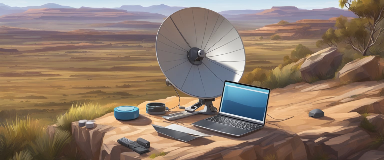 A compact satellite dish is set up on a rugged Australian landscape, with a laptop and work materials nearby