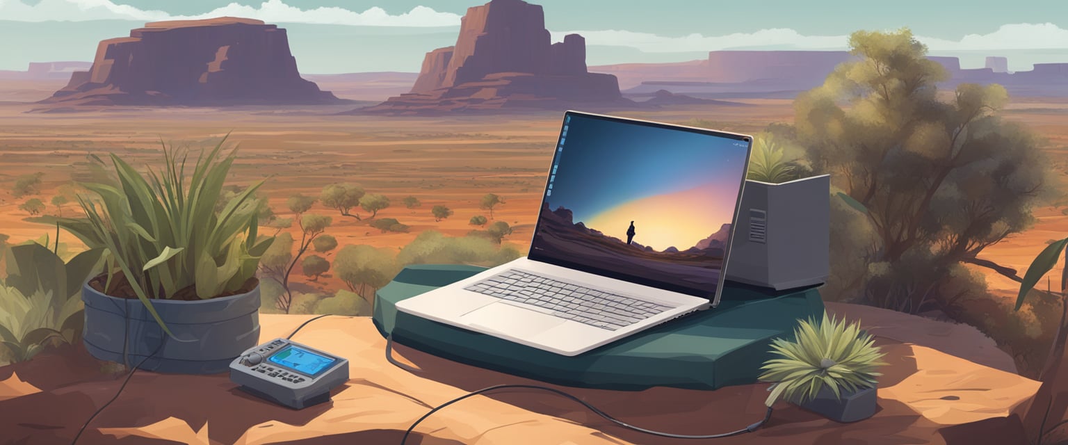 A person using a laptop with the Starlink Mini satellite dish set up in a remote area of the Australian outback, surrounded by rugged terrain and native flora