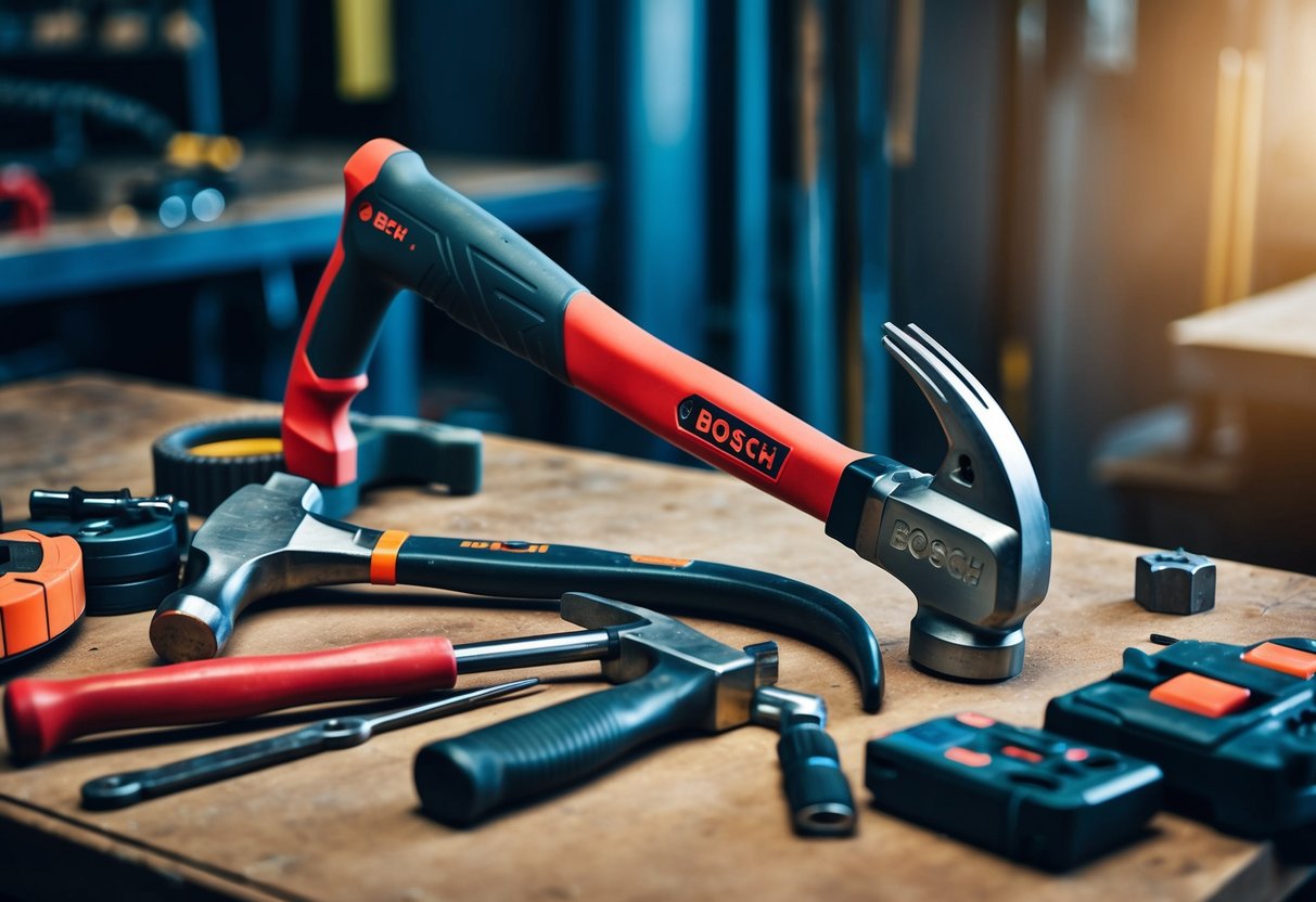 A Bosch hammer rests on a sturdy workbench, surrounded by precision tools and safety gear. The scene exudes an atmosphere of innovation and power