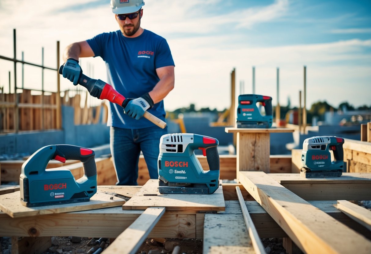 A construction site with various projects underway, featuring a range of Bosch hammers in action, showcasing precision, power, and innovation