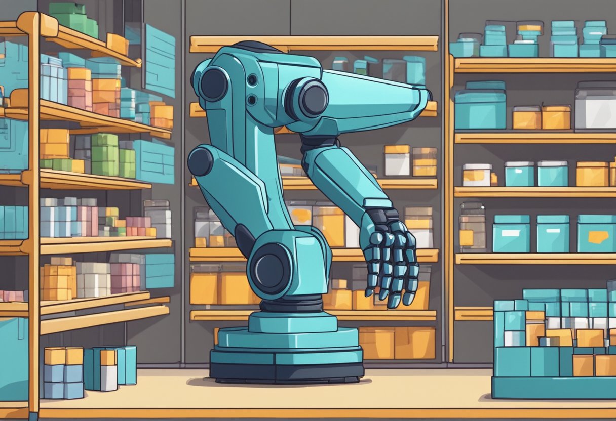 A robot arm sorts and organizes products on store shelves using artificial intelligence to optimize inventory and maximize profits