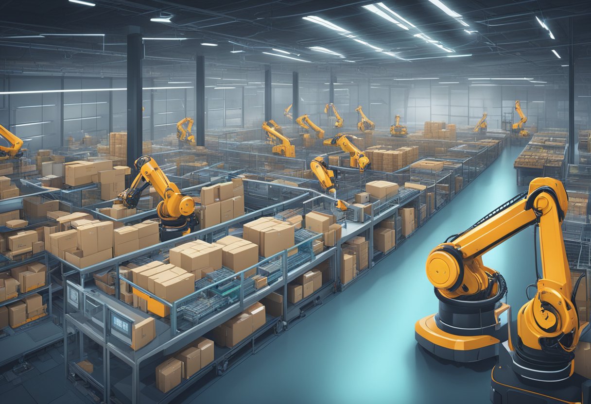 A futuristic warehouse with robotic arms sorting and organizing inventory, while AI algorithms analyze supply chain data on digital screens