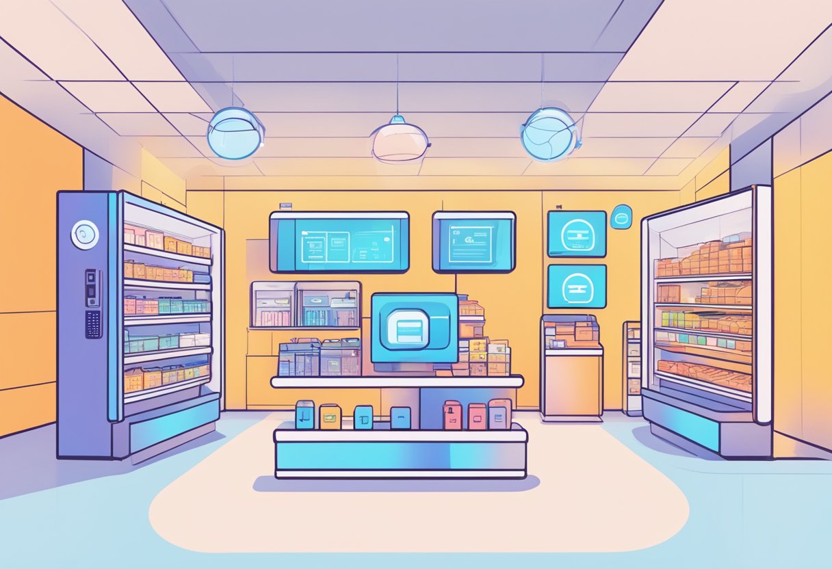 A futuristic retail store with AI-powered inventory management, personalized customer recommendations, and automated checkout