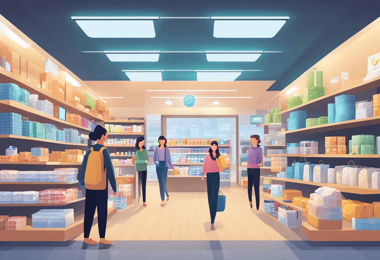 A bustling retail store with AI-powered inventory management, personalized customer recommendations, and energy-efficient lighting and heating systems