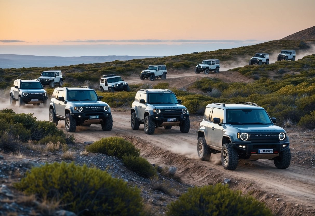 Un gruppo di piccoli veicoli fuoristrada 4x4 che navigano in un terreno accidentato in un paesaggio panoramico