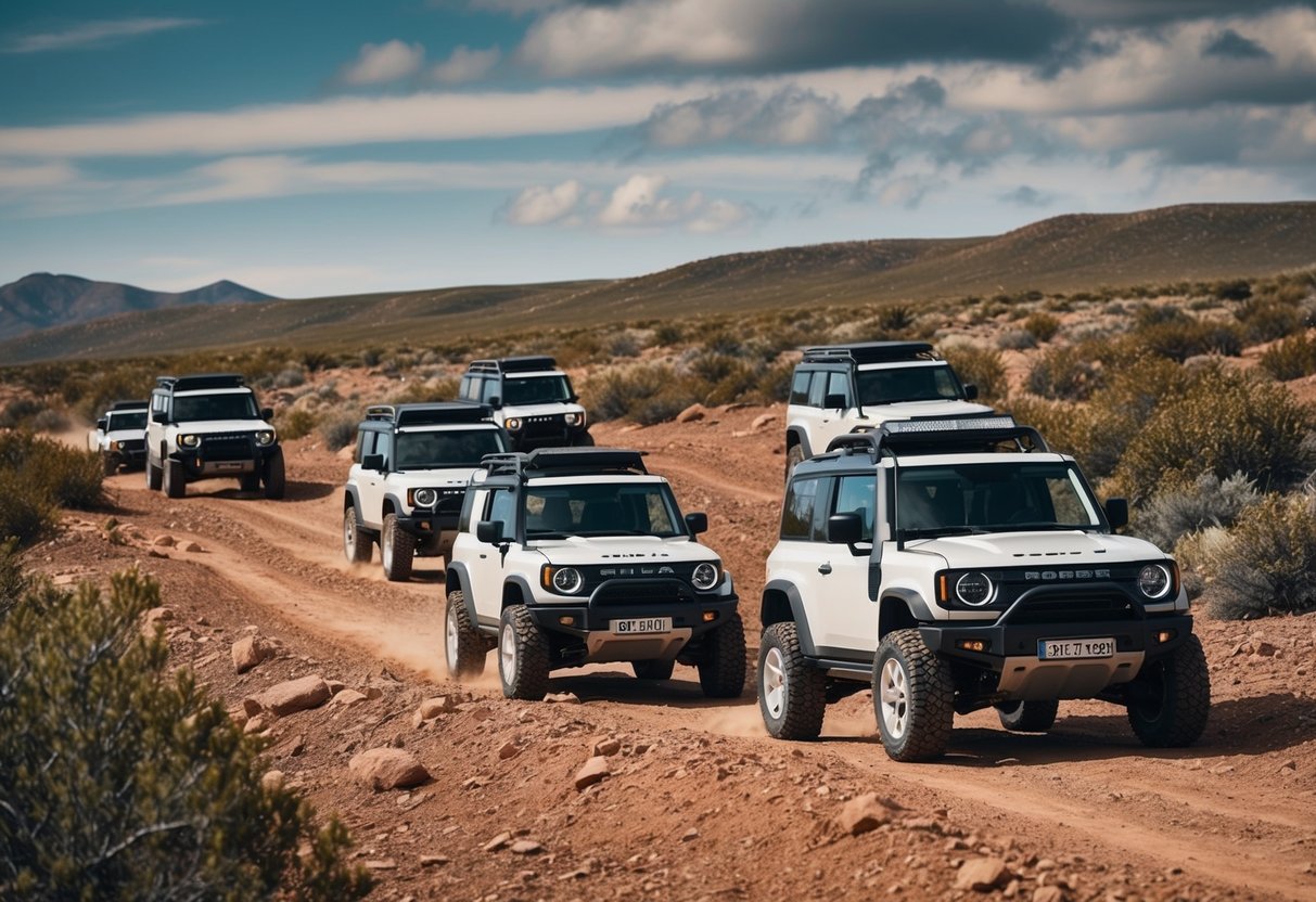 Un gruppo di piccoli veicoli fuoristrada 4x4 che navigano un terreno accidentato nella natura selvaggia