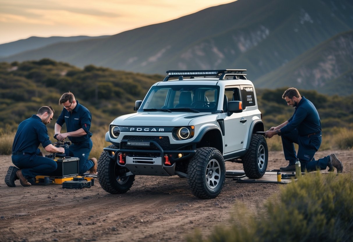 Un piccolo veicolo fuoristrada 4x4 in fase di progettazione e collaudo in un ambiente outdoor rugged, con ingegneri e meccanici che lavorano sul veicolo.