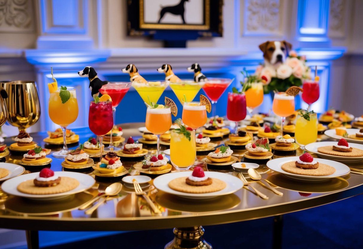 A lavish spread of decadent canapés and colorful cocktails arranged on a gilded table, with a playful display of dog-themed party decorations and elegant servingware