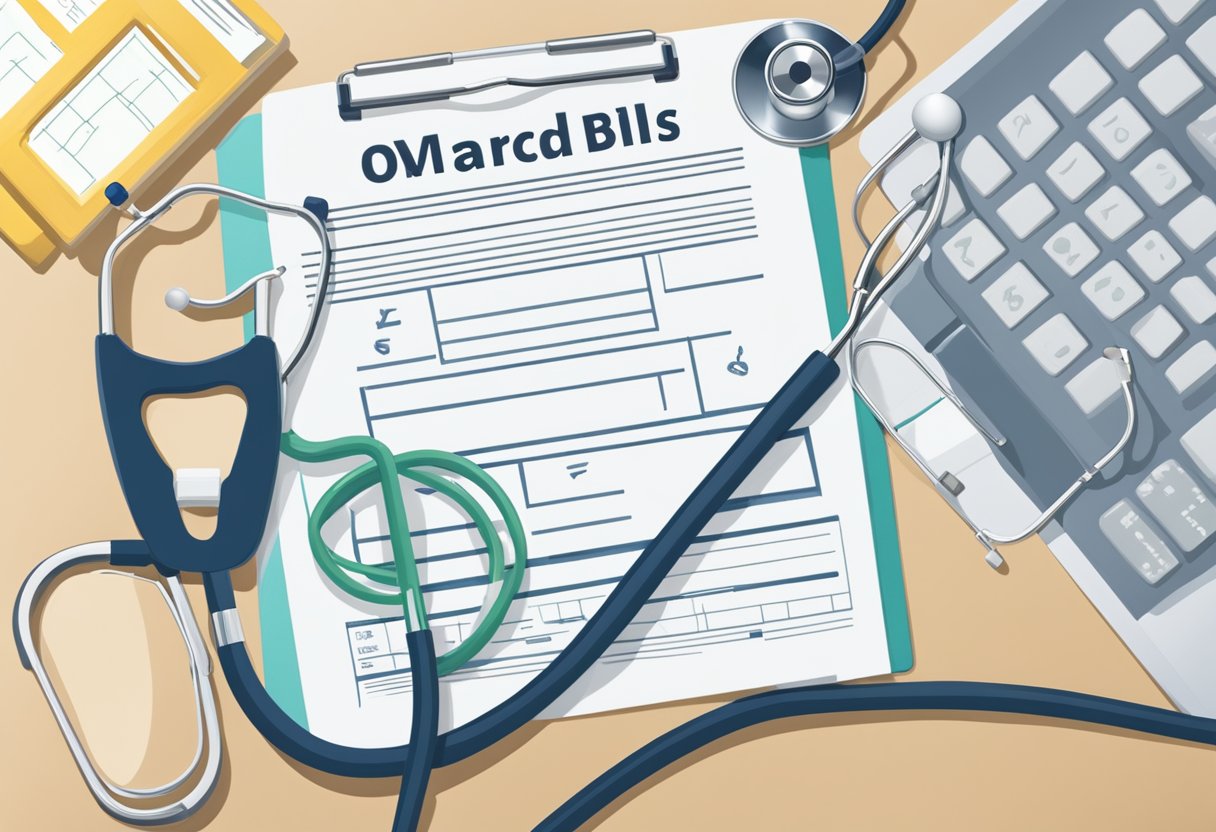 A stethoscope and a prescription pad sit on a desk, alongside a computer displaying medical information. A poster on the wall lists qualifying conditions for Disability Tax Credit in Ontario