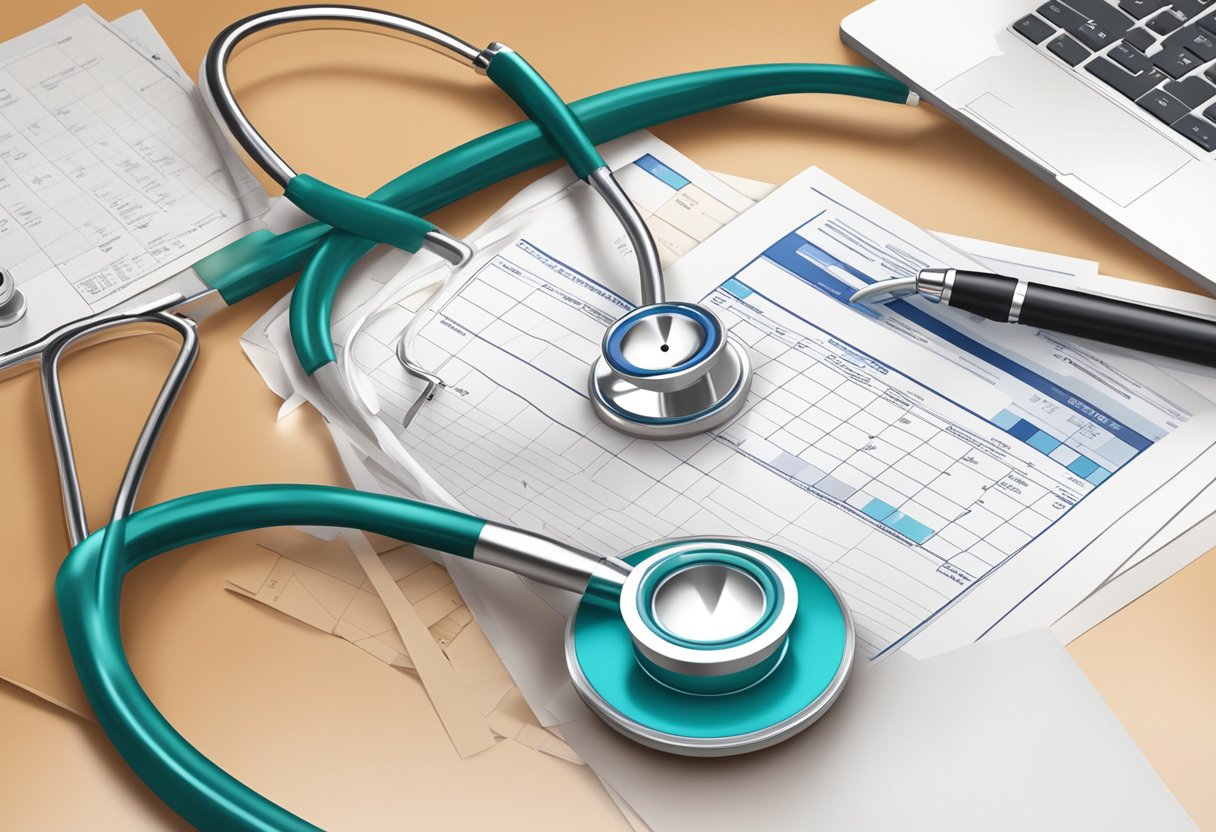 A stethoscope, a prescription bottle, and a medical chart laid out on a doctor's desk