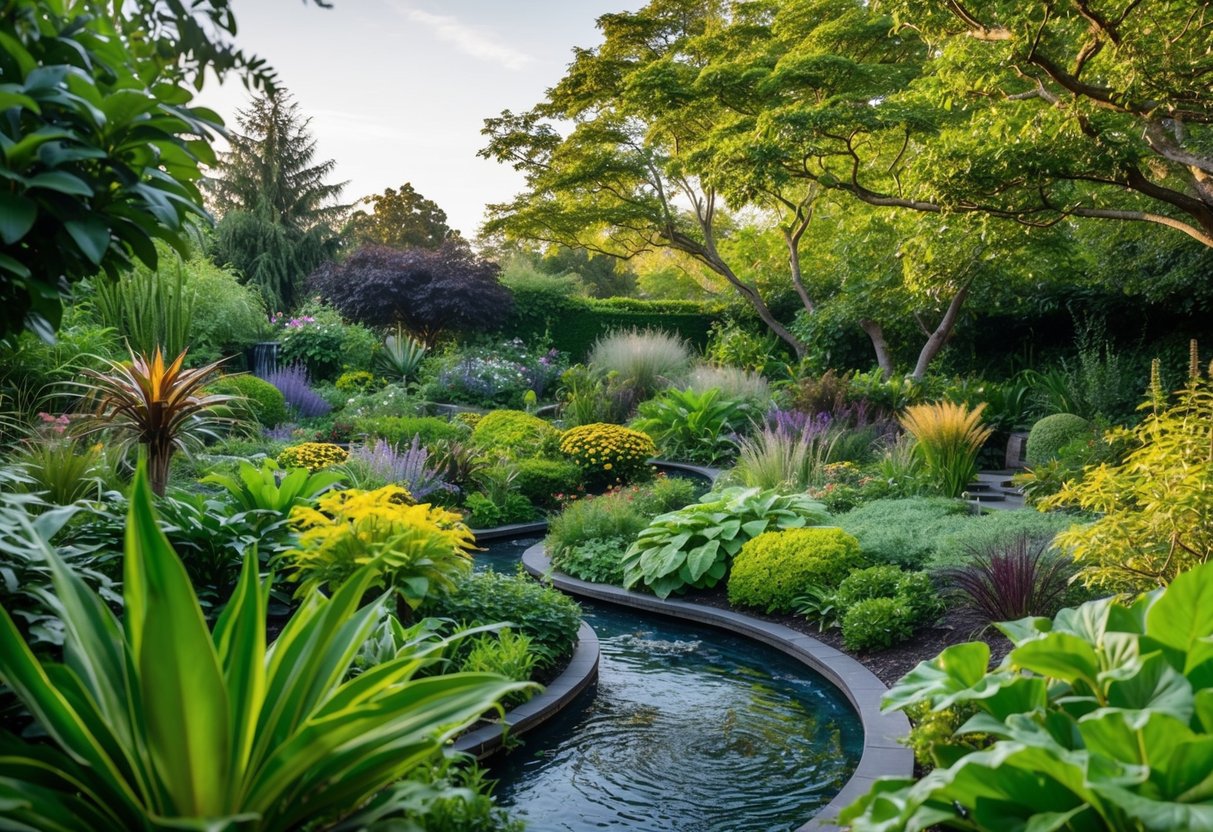 A lush garden with diverse plants and wildlife thriving in harmony, surrounded by winding paths and flowing water features