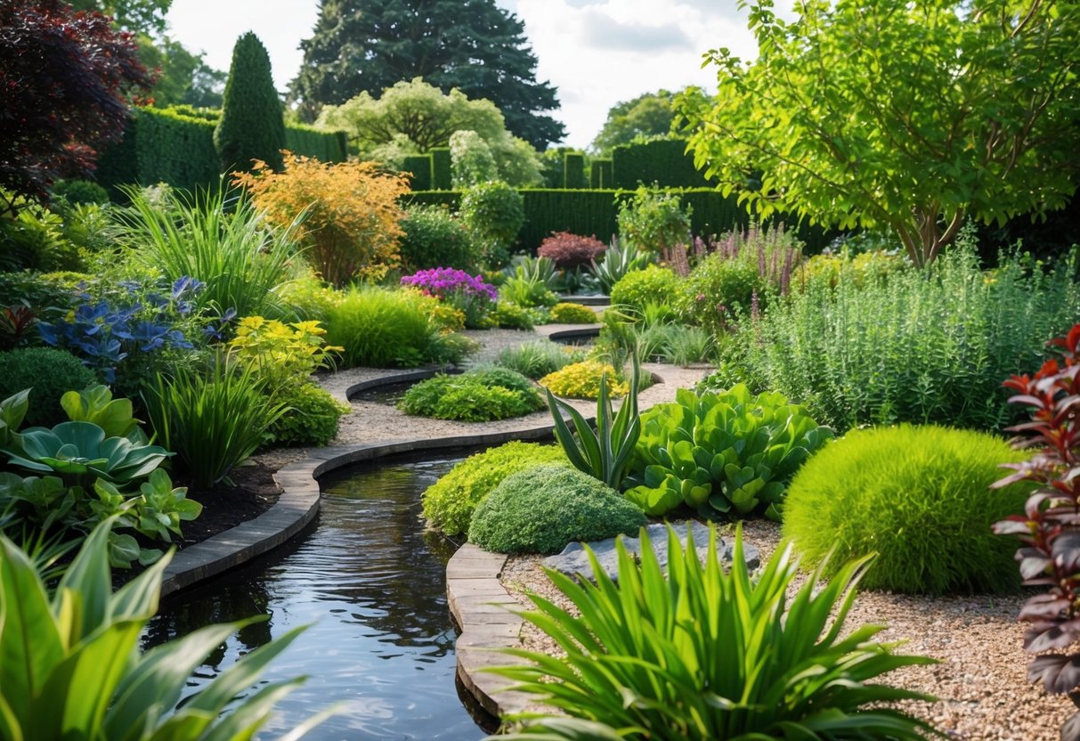 A lush garden with diverse plantings, winding paths, and natural water features, all working together in harmony