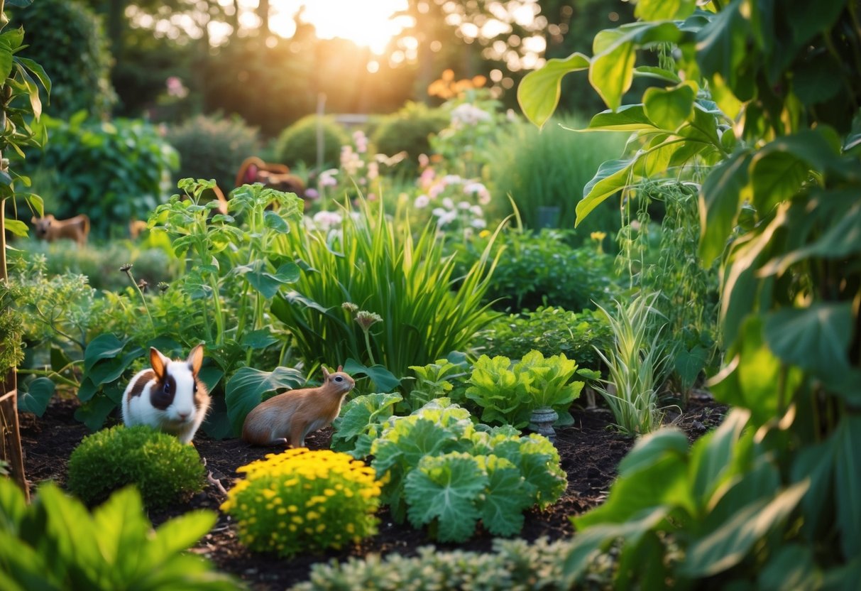 A lush permaculture garden with diverse plants and animals living in harmony