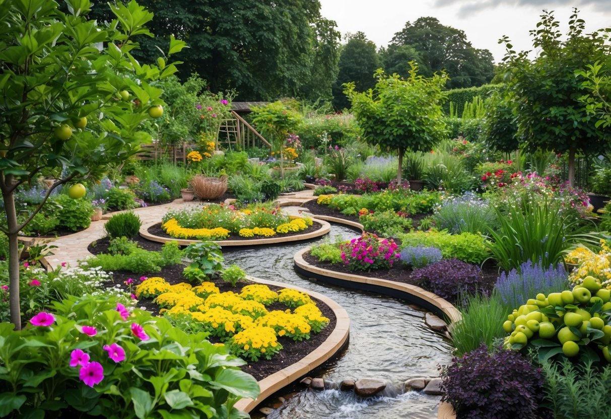 A lush, diverse garden with winding paths, raised beds, and vibrant flowers, surrounded by fruit trees and a bubbling stream