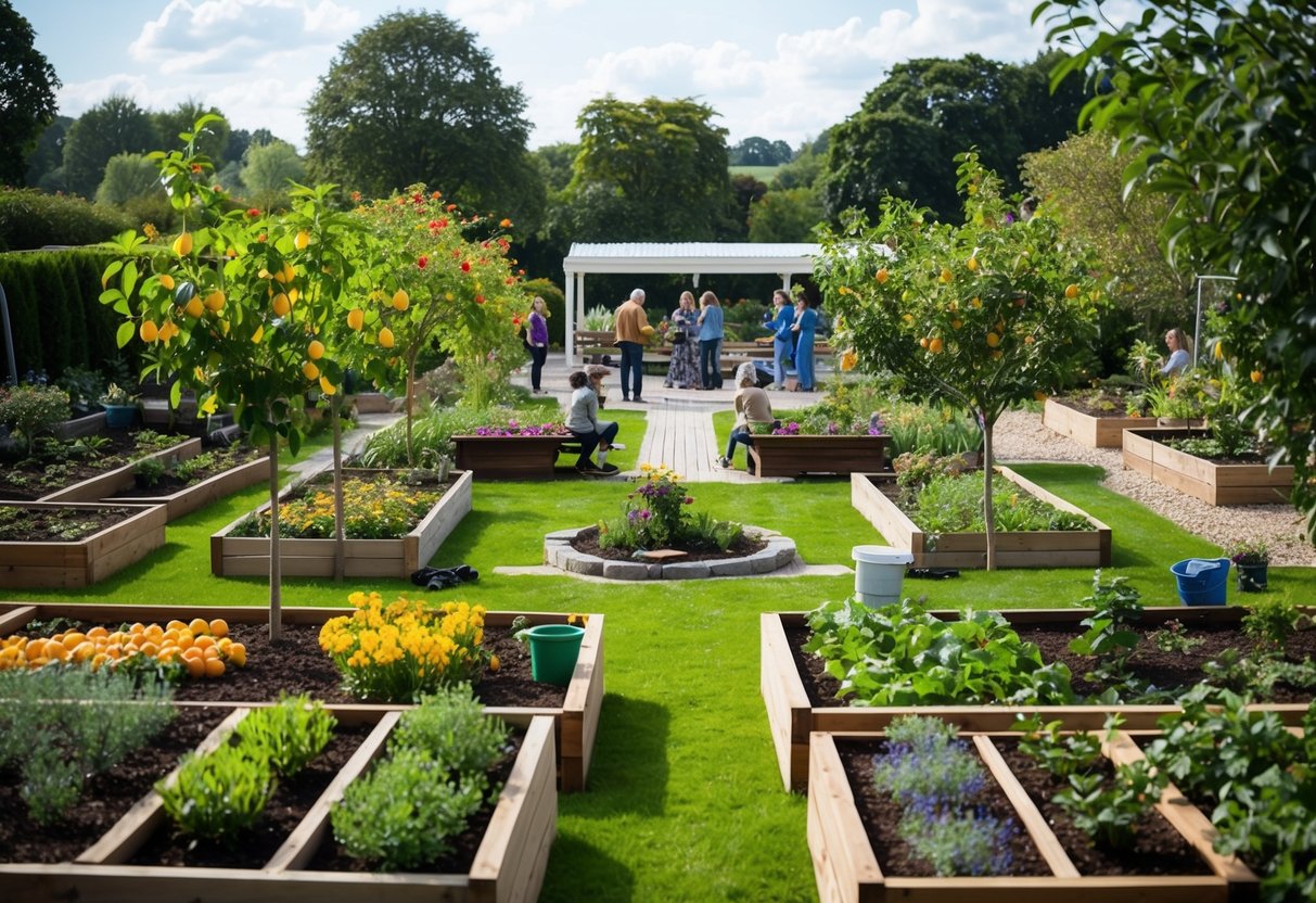 A diverse garden with raised beds, fruit trees, and vibrant flowers. A central gathering area with benches and a teaching space. Peaceful atmosphere with people working and learning together