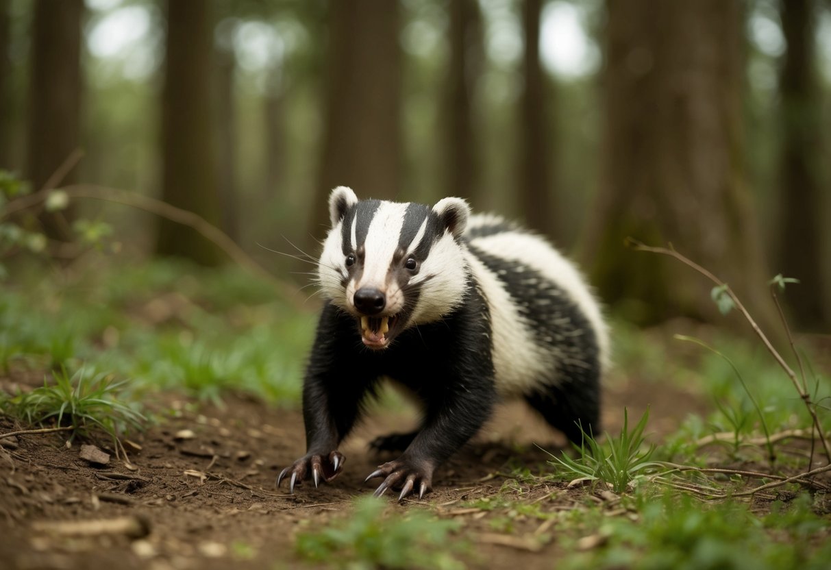A badger chases through a dense forest, its claws digging into the earth as it snarls and bares its teeth, its fur bristling with aggression