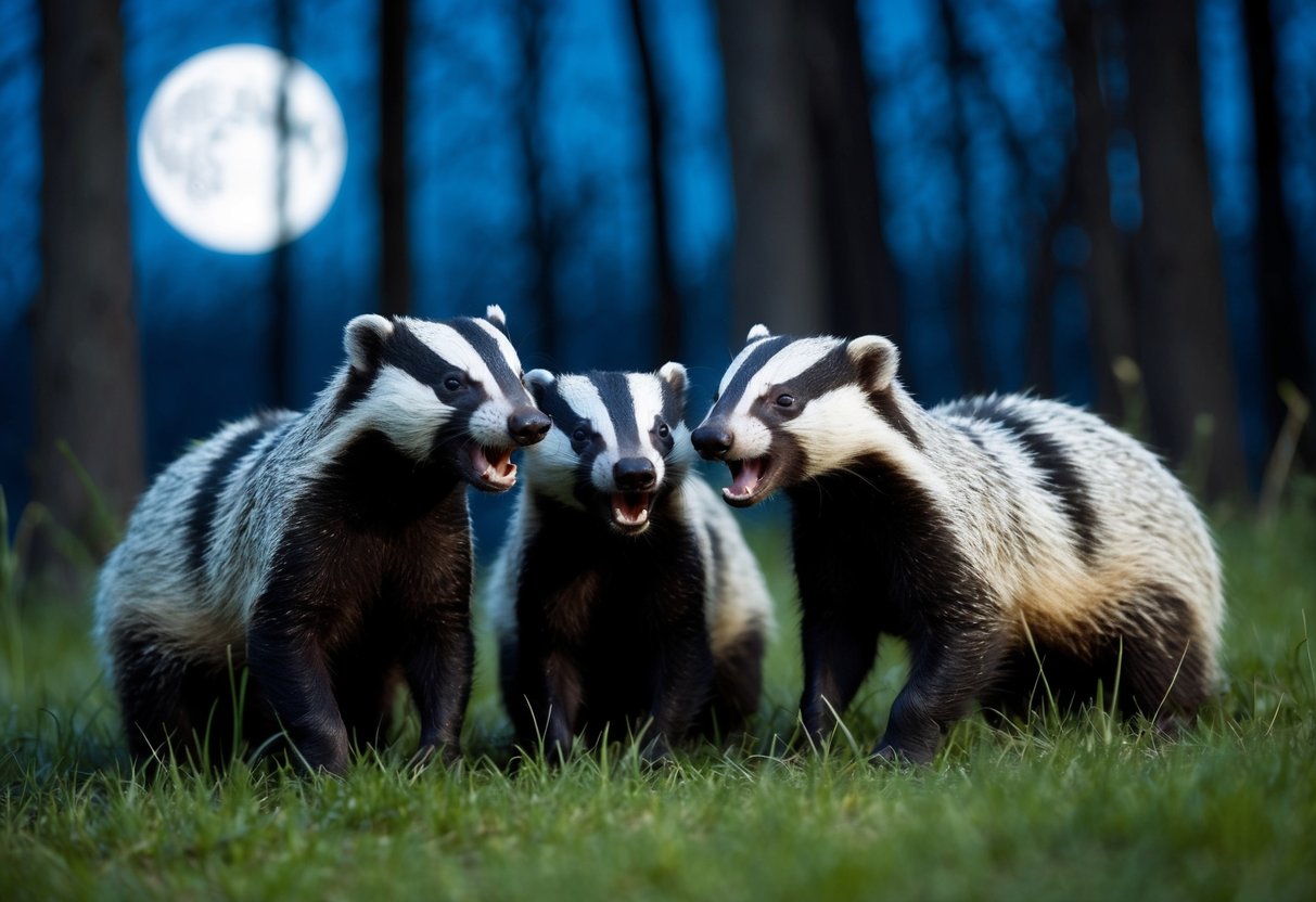 A group of badgers huddled together in a moonlit forest, their mouths open in silent screams as they communicate with each other through high-pitched calls