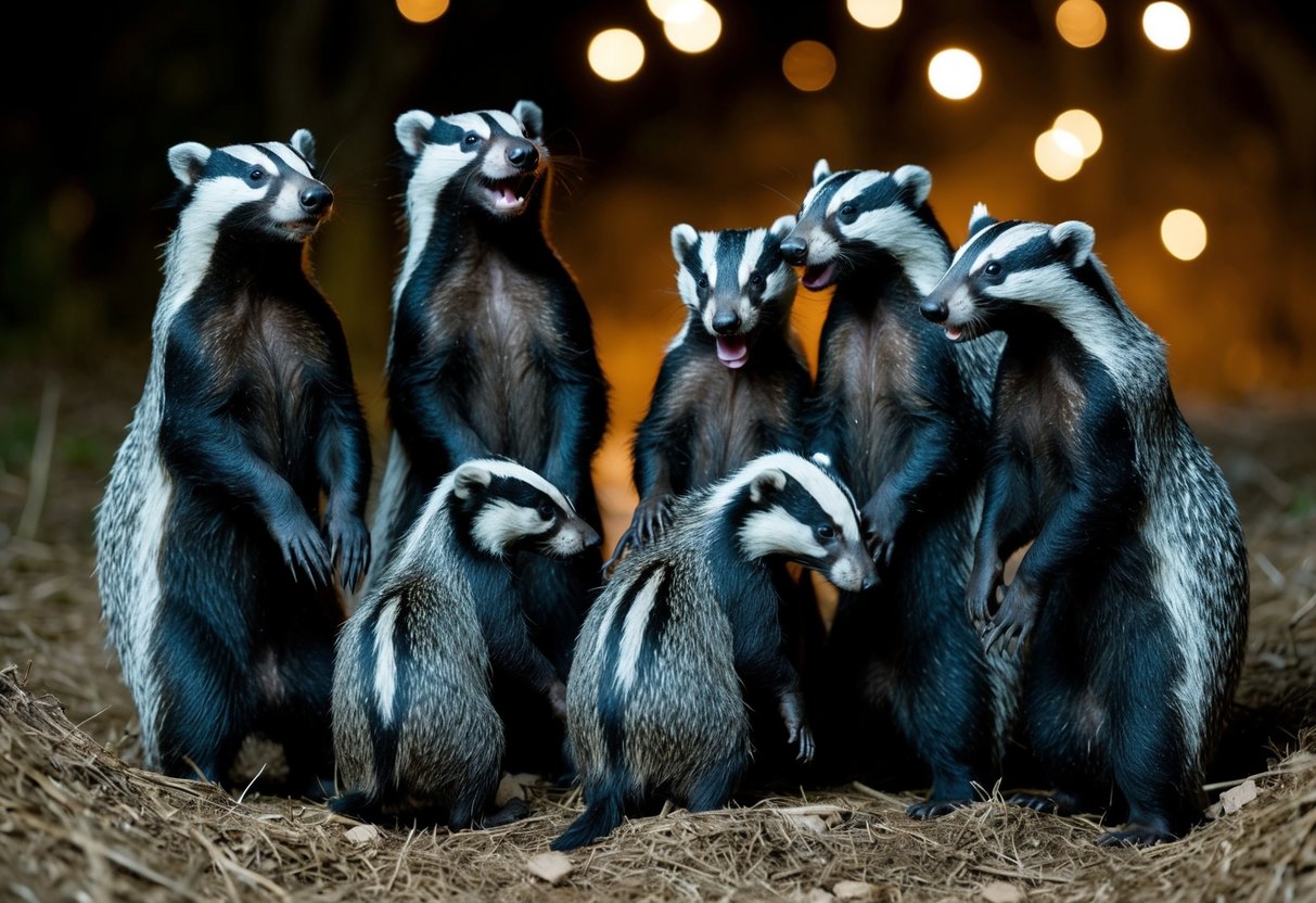 A badger family emerges from their burrow at night, the adult badgers standing upright and emitting loud, eerie screams while the young ones huddle close