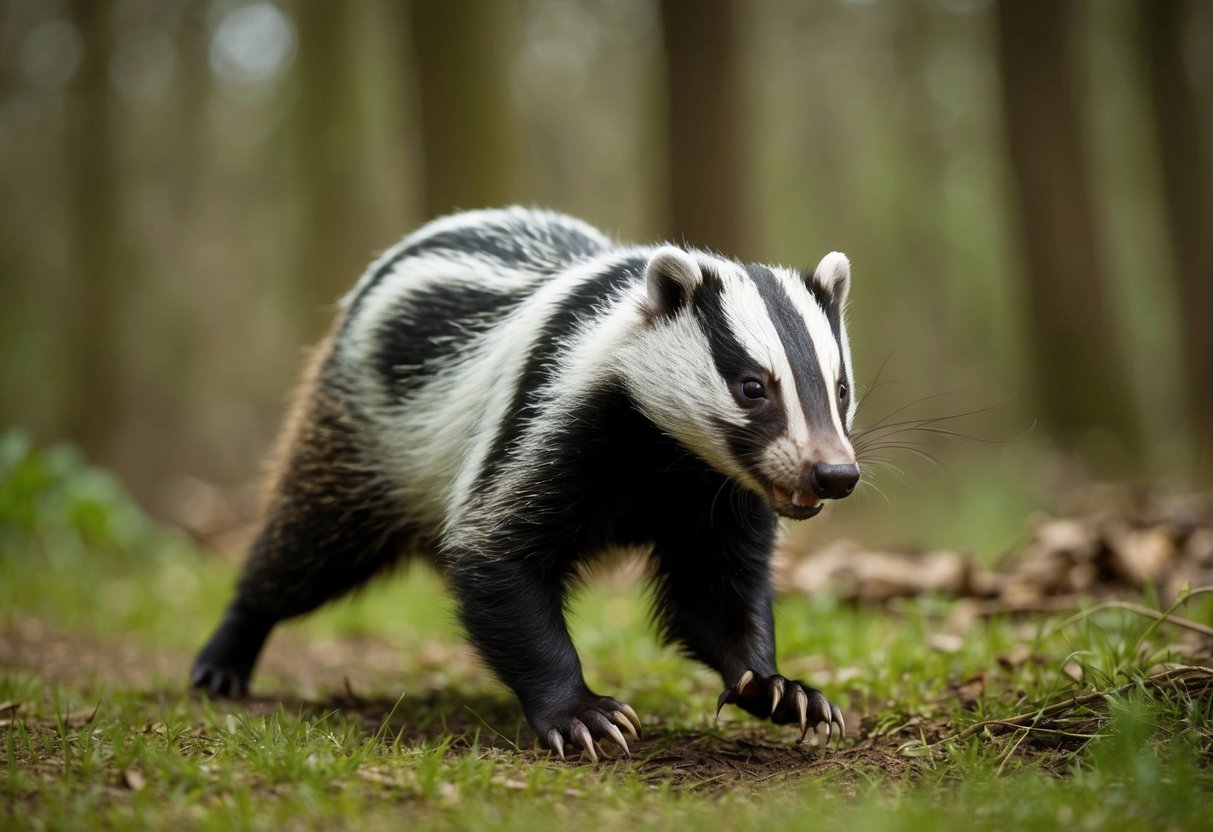 A badger charging through a forest, its fur bristling and claws extended, as it pursues its prey
