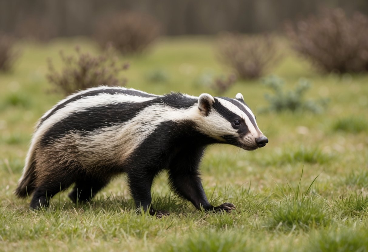 A badger emerges from its burrow, sniffing the air and scanning its surroundings for potential threats or food. The setting is a grassy meadow with scattered bushes and a few trees in the background