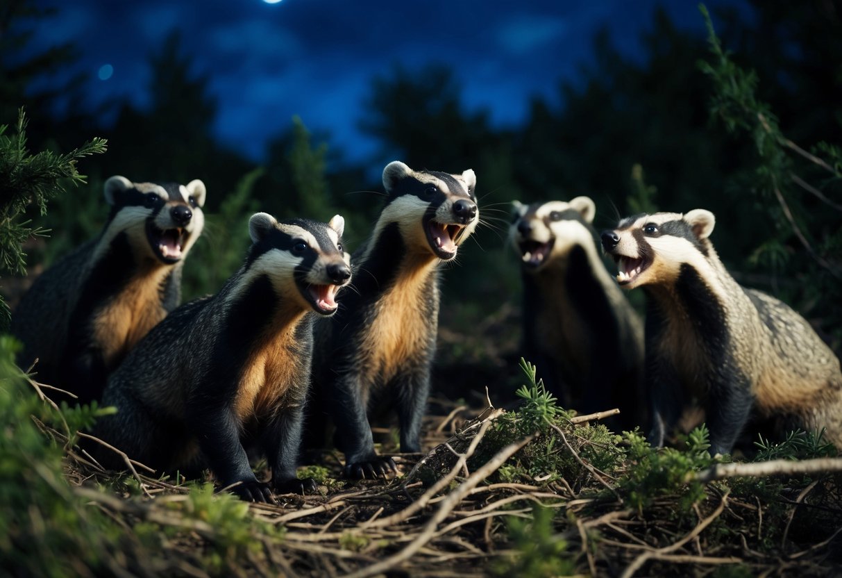 A group of startled badgers, surrounded by dark and tangled underbrush, emit loud, piercing screams into the night sky