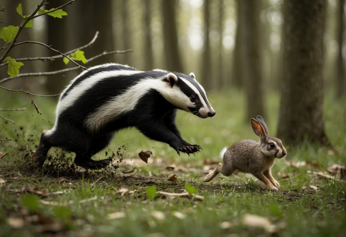 A badger chases a rabbit through a dense forest, kicking up leaves and branches as it pursues its prey