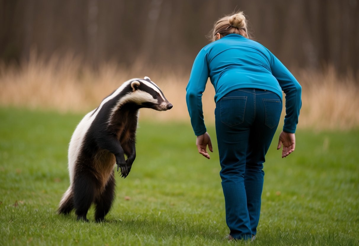 A badger cautiously approaches a person, who stands still with arms at their sides. The person avoids direct eye contact and slowly backs away to give the badger space